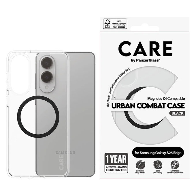 Калъф Urban Combat с черно QI за Samsung Galaxy S25 Edge, Прозрачно, PanzerGlass