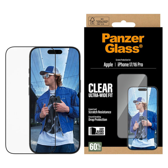 UWF закалено стъкло с апликатор за iPhone 17/16 Pro, Черно, PanzerGlass