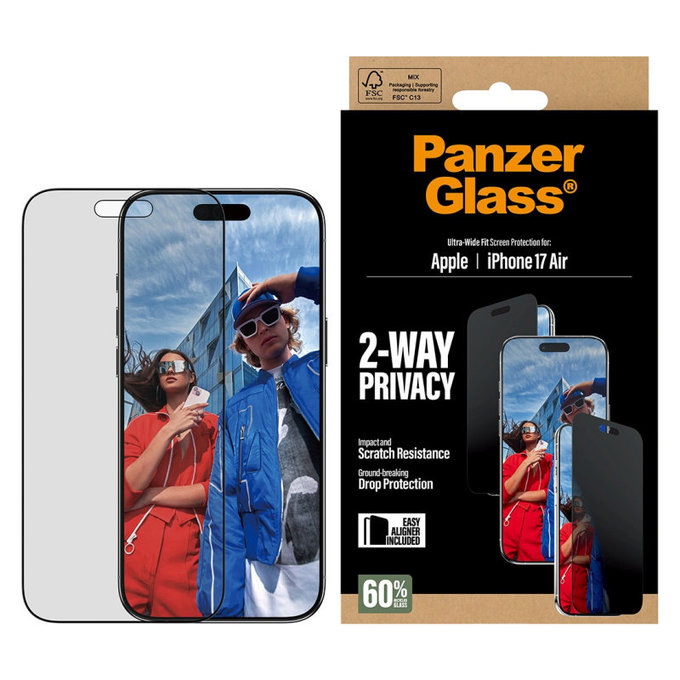 Закалено стъкло UWF 2-Way Privacy с апликатор за iPhone Air, Черно, PanzerGlass
