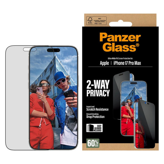 UWF 2-Way Privacy закалено стъкло с Fastfit за iPhone 17 Pro Max, Черно, PanzerGlass