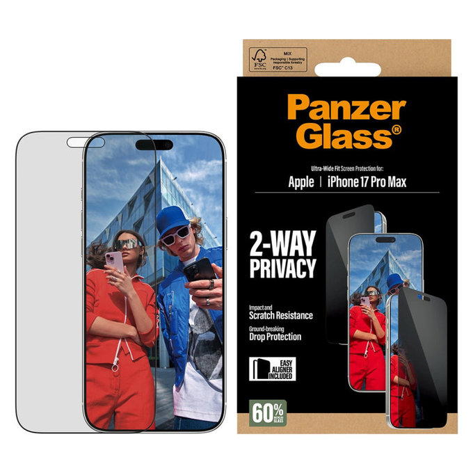 UWF 2-Way Privacy закалено стъкло с Fastfit за iPhone 17 Pro Max, Черно, PanzerGlass