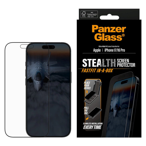 Закалено стъкло UWF Stealth с Fastfit за iPhone 17/16 Pro, Черно, PanzerGlass