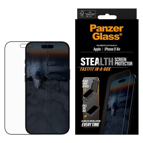 Закалено стъкло UWF Stealth с Fastfit за iPhone Air, Черно, PanzerGlass