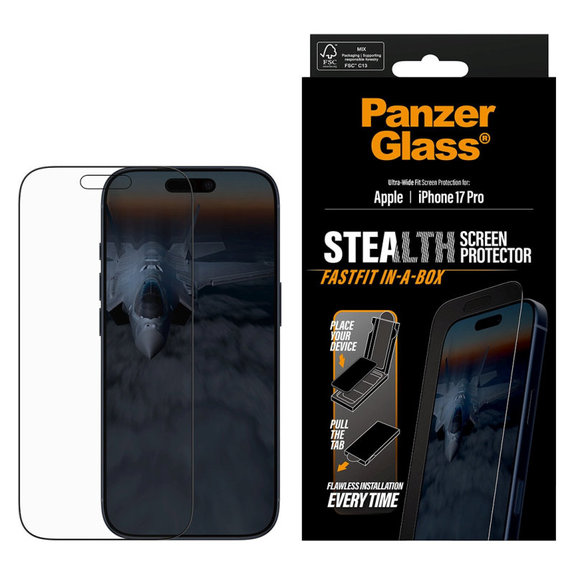 Закалено стъкло UWF Stealth с Fastfit за iPhone 17 Pro, Черно, PanzerGlass