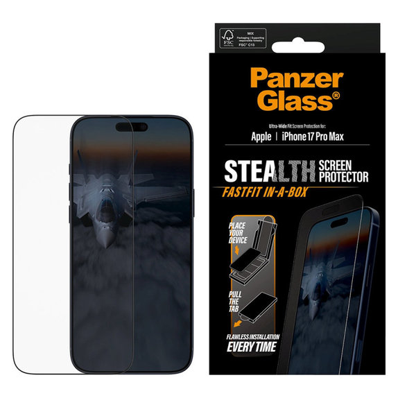 Закалено стъкло UWF Stealth с Fastfit за iPhone 17 Pro Max, Черно, PanzerGlass