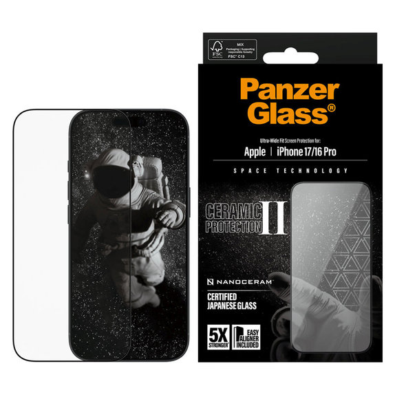 UWF Ceramic II закалено стъкло с Fastfit за iPhone 17/16 Pro, Черно, PanzerGlass