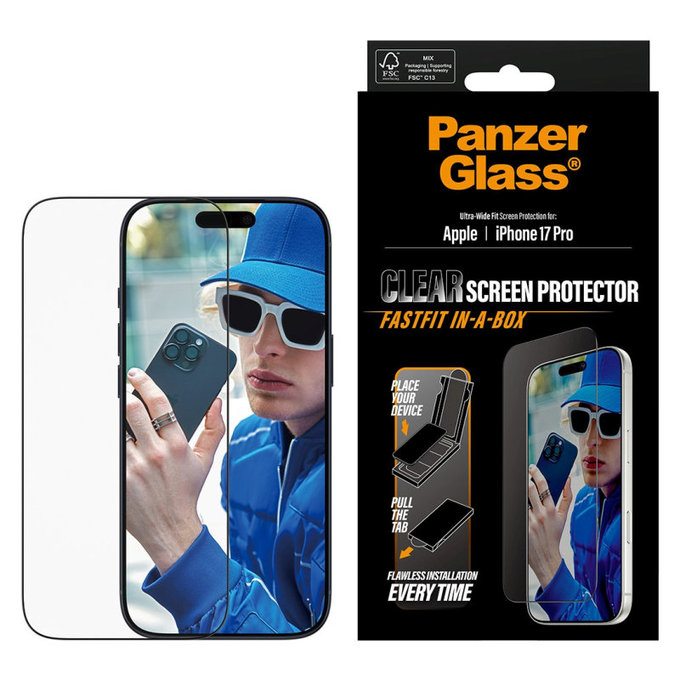 UWF закалено стъкло с Fastfit за iPhone 17 Pro, Черно, PanzerGlass