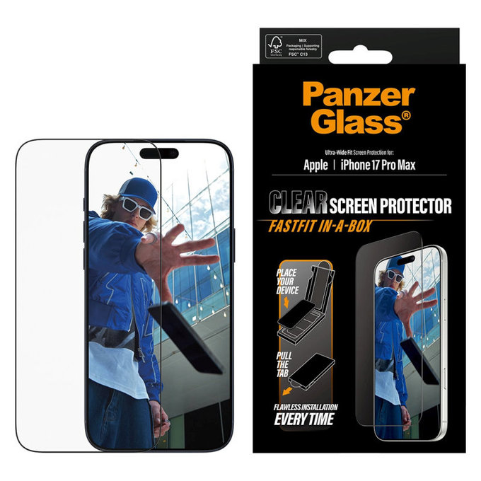 Закалено стъкло UWF с Fastfit за iPhone 17 Pro Max, Черно, PanzerGlass