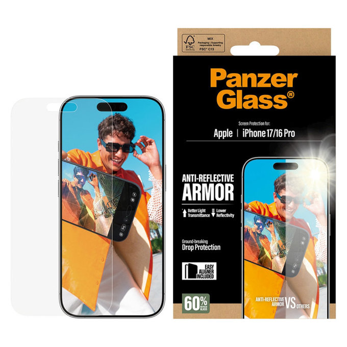 Закалено стъкло Anti-Reflective с апликатор за iPhone 17/16 Pro, Черно, PanzerGlass