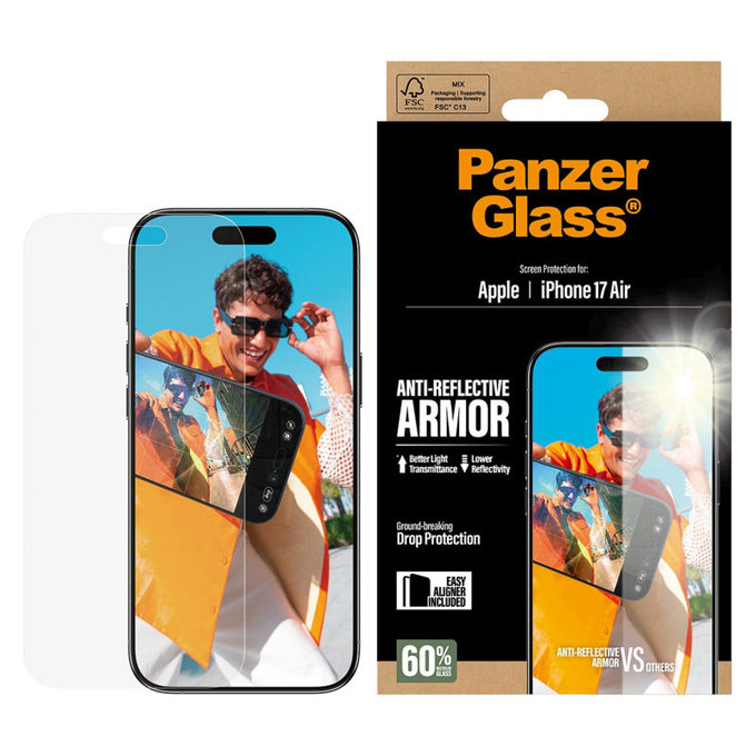 Закалено стъкло Anti-Reflective с апликатор за iPhone Air, Черно, PanzerGlass