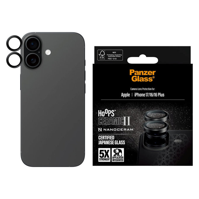 Протектор за обектив на камера Hoops Ceramic II за iPhone 17/16 Plus/16, Черно, PanzerGlass