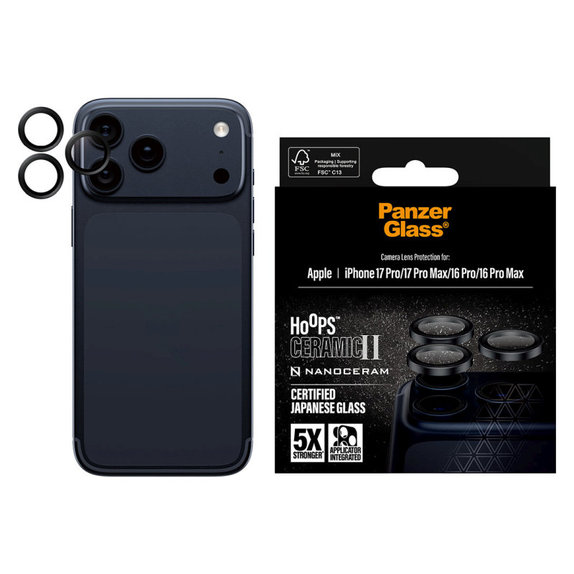 Протектор за обектив на задна камера Hoops Ceramic II за iPhone 17 Pro Max/17 Pro/16 Pro Max/16 Pro, Черно, PanzerGlass