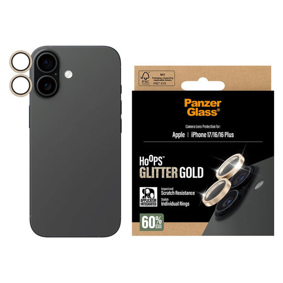 Протектор за обектив на камера Hoops за iPhone 17/16 Plus/16, Glitter Gold, PanzerGlass