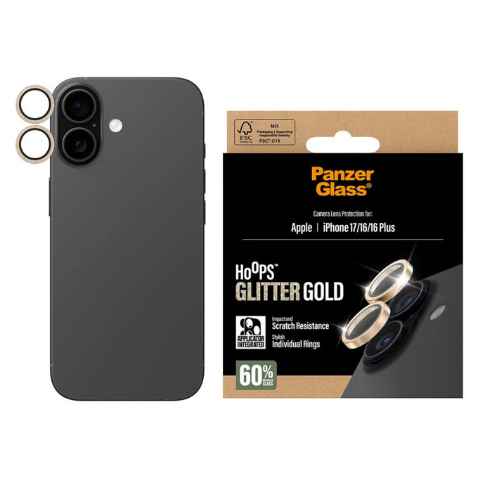 Протектор за обектив на камера Hoops за iPhone 17/16 Plus/16, Glitter Gold, PanzerGlass