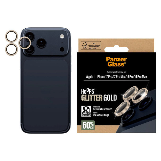 Протектор за обектив на камера Hoops за iPhone 17 Pro Max/17 Pro/16 Pro Max/16 Pro, Glitter Gold, PanzerGlass