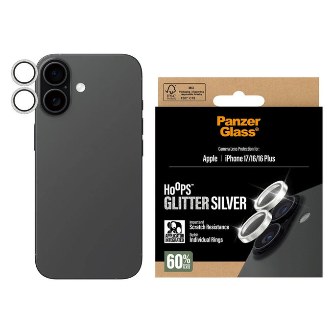 Протектор за обектив на камера Hoops за iPhone 17/16 Plus/16, Glitter Silver, PanzerGlass