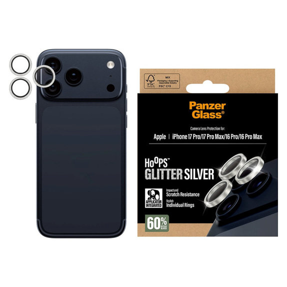 Протектор за обектив на камера Hoops за iPhone 17 Pro Max/17 Pro/16 Pro Max/16 Pro, Glitter Silver, PanzerGlass