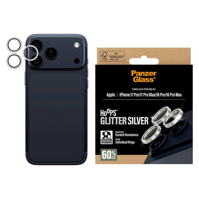 Протектор за обектив на камера Hoops за iPhone 17 Pro Max/17 Pro/16 Pro Max/16 Pro, Glitter Silver, PanzerGlass