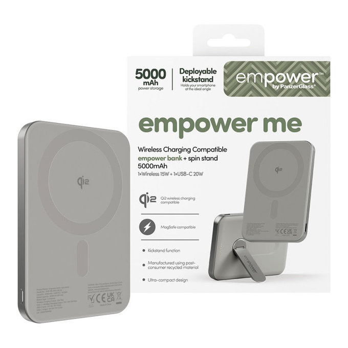 Безжичен PowerBank 5000 mAh, с въртяща се стойка 20 W, съвместим с MagSafe, Qi2/USB-C, Титан, empower