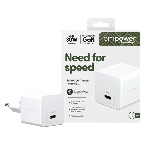 Пътен адаптер Grand Prix USB-C, GaN, 30 W PD, сребристо-бял, empower