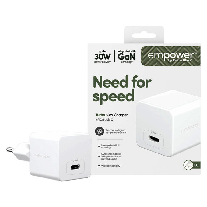Пътен адаптер Grand Prix USB-C, GaN, 30 W PD, сребристо-бял, empower