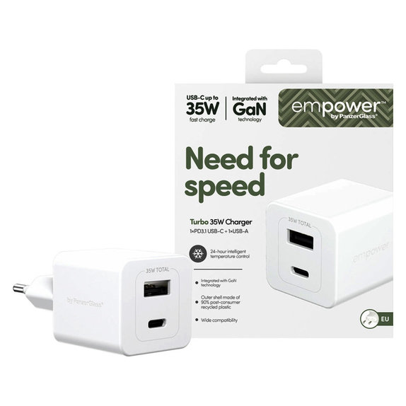 Пътен адаптер Grand Prix USB-C/USB-A, GaN, 35 W PD, сребристо-бял, empower
