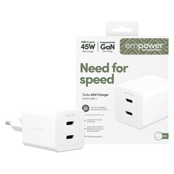 Пътен адаптер Grand Prix 2x USB-C, GaN, 45 W PD, Сребристо-бяло, empower