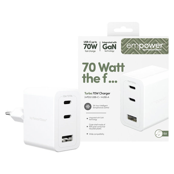 Пътен адаптер Grand Prix 2x USB-C/USB-A, GaN, 70 W PD, Сребристо-бяло, empower