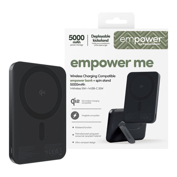 Безжичен PowerBank 5000 mAh с въртяща се стойка, 20 W, съвместим с MagSafe, Qi2/USB-C, Space Black, empower