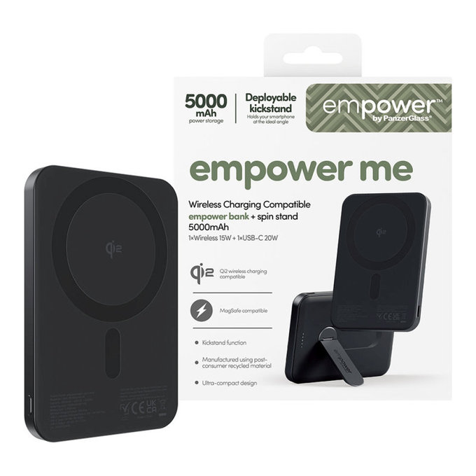 Безжичен PowerBank 5000 mAh с въртяща се стойка, 20 W, съвместим с MagSafe, Qi2/USB-C, Space Black, empower
