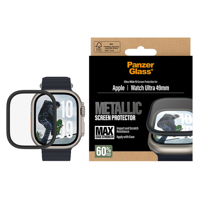 Закалено стъкло UWF METALLIC за Apple Watch Ultra 49 mm, Черно, PanzerGlass