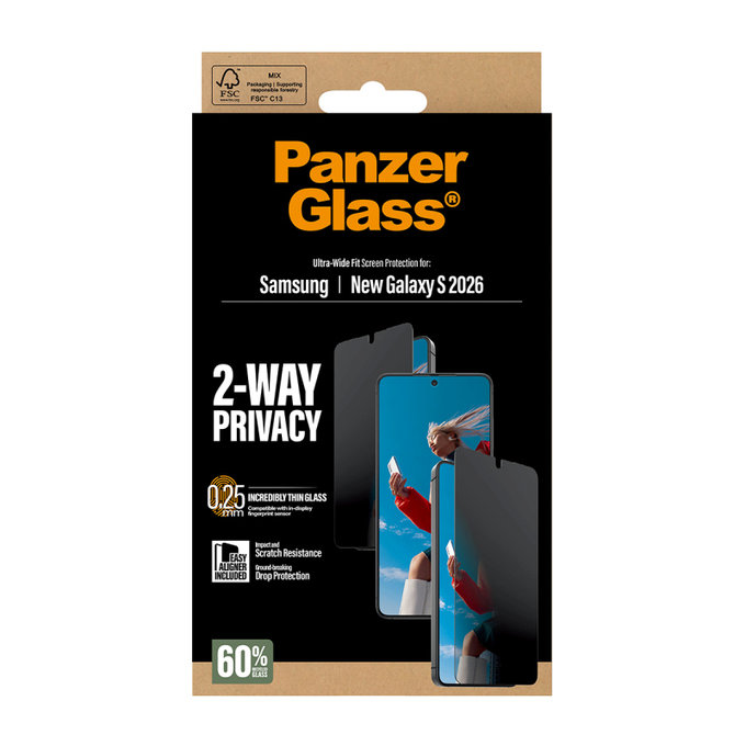 UWF 2-Way Privacy закалено стъкло с апликатор за Samsung Galaxy S26, прозрачно, clear, PanzerGlass