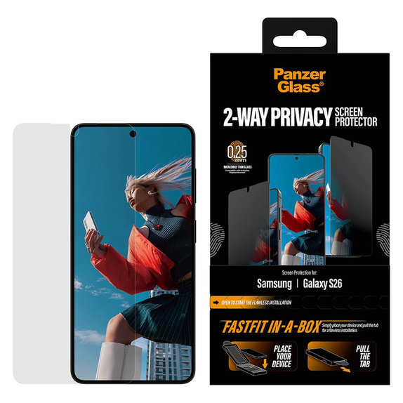 Закалено стъкло UWF 2-Way Privacy с FASTFIT In-A-Box за Samsung Galaxy S26, Прозрачно, PanzerGlass