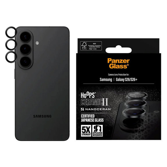 Протектор за обектив на задна камера Hoops Ceramic II за Samsung S26/S26+, Черно, PanzerGlass