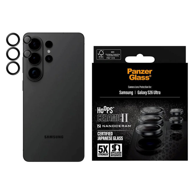 Протектор за обектив на задна камера Hoops Ceramic II за Samsung S26 Ultra, Черно, PanzerGlass