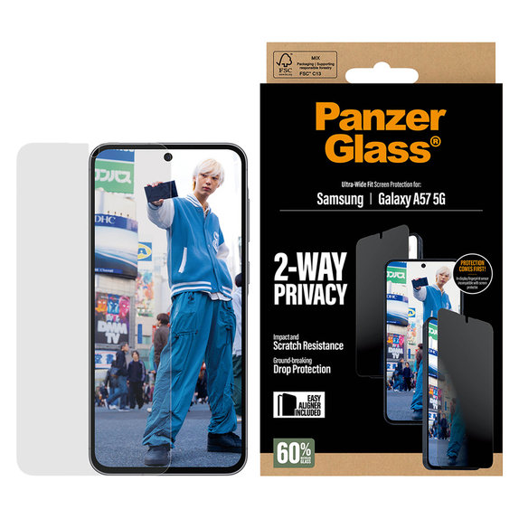 Закалено стъкло UWF Privacy с апликатор за Samsung Galaxy A57, Прозрачно, PanzerGlass
