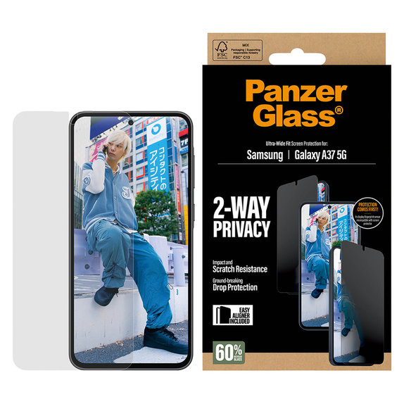Закалено стъкло UWF Privacy с апликатор за Samsung Galaxy A37, Прозрачно, PanzerGlass