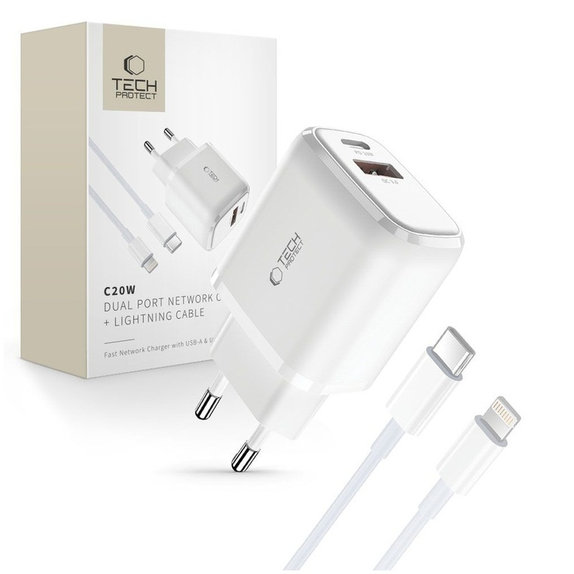 Мрежово зарядно C20W 2-PORT PD 20W / QC3.0 + Lightning Cable, бяла, Tech-Protect
