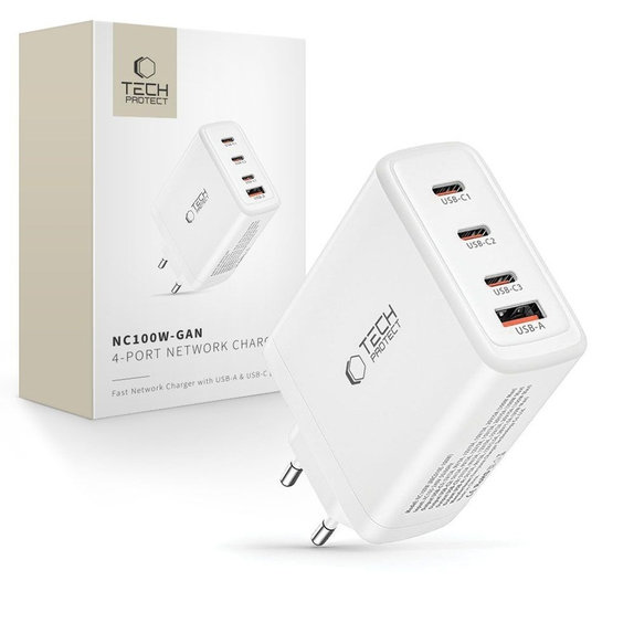 Мрежово зарядно NC100W-GAN 4-PORT PD 100W / QC3.0, бяла, Tech-Protect