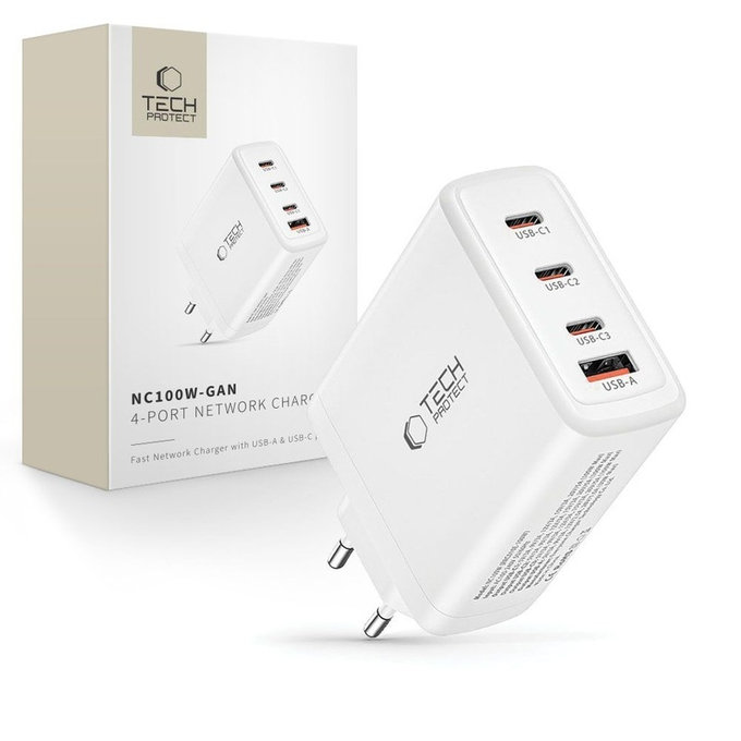 Мрежово зарядно NC100W-GAN 4-PORT PD 100W / QC3.0, бяла, Tech-Protect