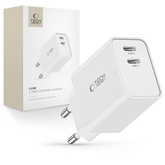 Мрежово зарядно C35W 2-PORT PD 35W, бяла, Tech-Protect