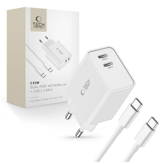 Мрежово зарядно C35W 2-PORT PD 35W + USB-C Cable, бяла, Tech-Protect