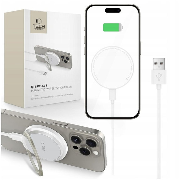 Безжично зарядно QI15W-A33 Magnetic MagSafe, бяла, Tech-Protect