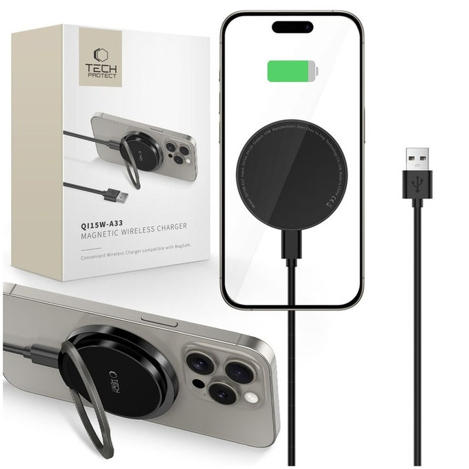 Безжично зарядно QI15W-A33 Magnetic MagSafe, черна, Tech-Protect