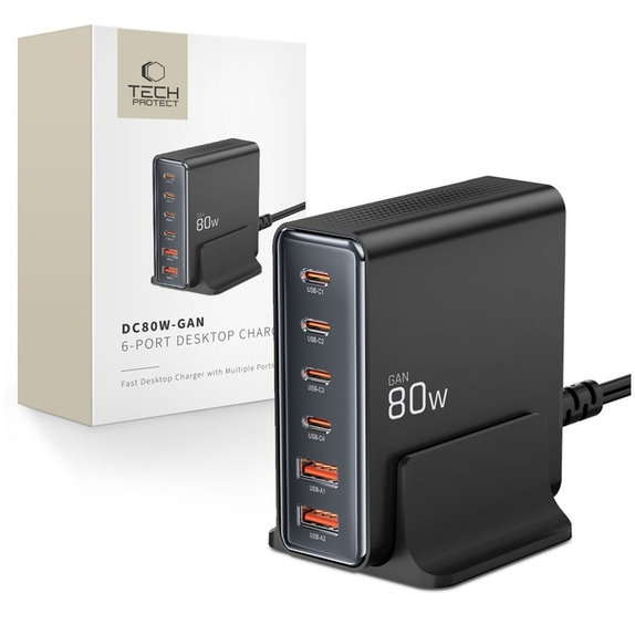 Мрежово зарядно DC80W-GAN 6-PORT PD 80W / QC3.0, черна, Tech-Protect