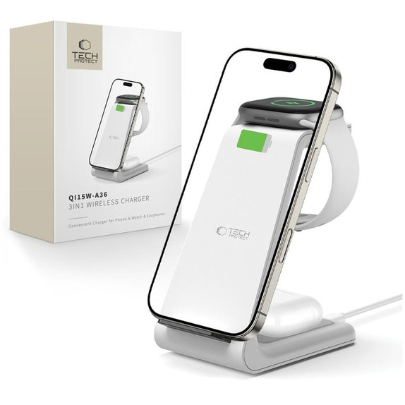 Безжично зарядно QI15W-A36 3IN1 for Apple, бяла, Tech-Protect