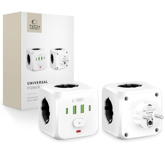 Мрежово зарядно PCL3X4 Power Socket 2 USB & 2 USB-C & 3 Socket, бяла, Tech-Protect