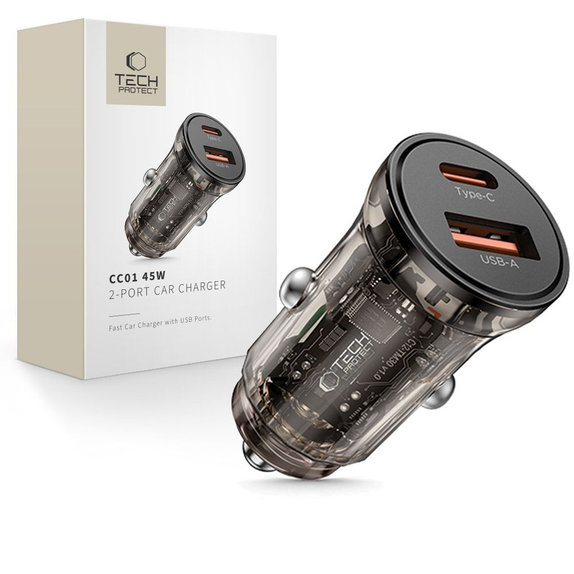 Автомобилно зарядно CC01 2-PORT PD 45W / QC3.0, черна, Tech-Protect