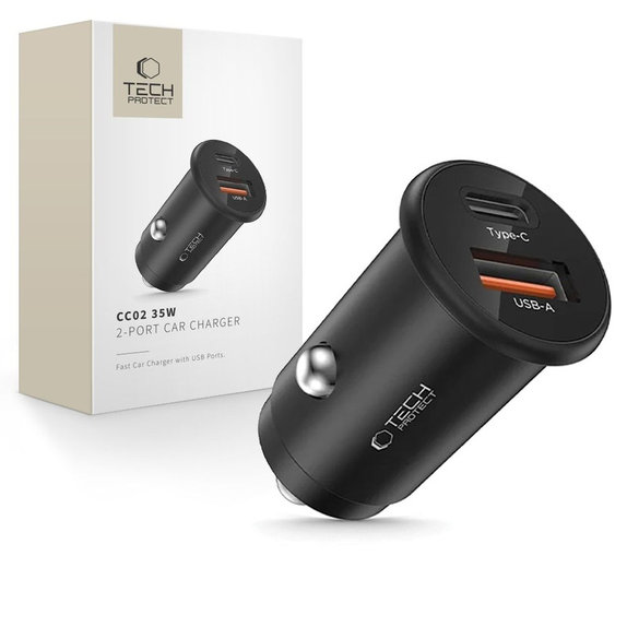 Автомобилно зарядно CC02 2-PORT PD 35W / QC3.0, черна, Tech-Protect