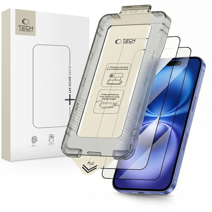 Закалено стъкло Quick Set+ 2-PACK за iPhone 15 / 16, черна, Tech-Protect